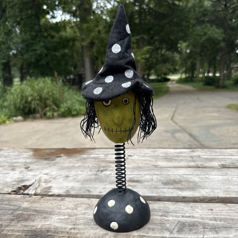 Halloween Bobble Head Witch Figure Polka Dots Green Face Metal and Resin